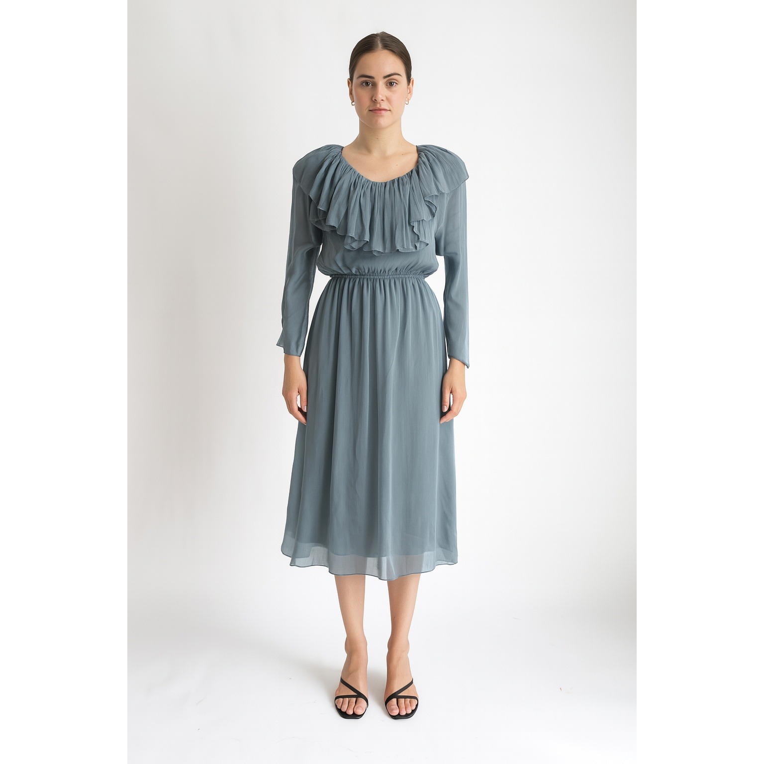 Spencer Alexis Dress 80s Vtg Blue Sheer Ruffled Collar Long Sleeve Midi Dress S